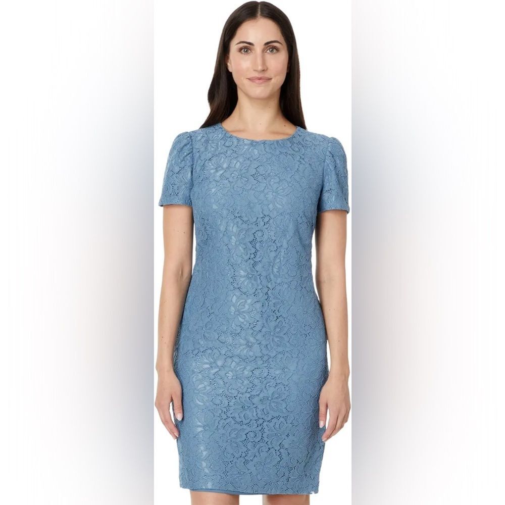 NWOT Lauren Ralph Lauren | Pale Azure Blue Puff Sleeve‎ Lace Cocktail Dress 2